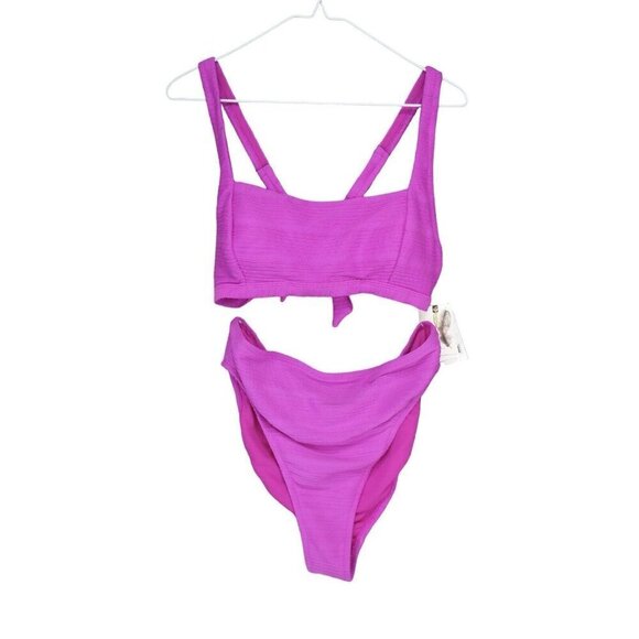 NWT Jessica Simpson 2 Piece Swimsuit Bikini XL Pink Fuschia Ribbed High Waist - Picture 2 of 8